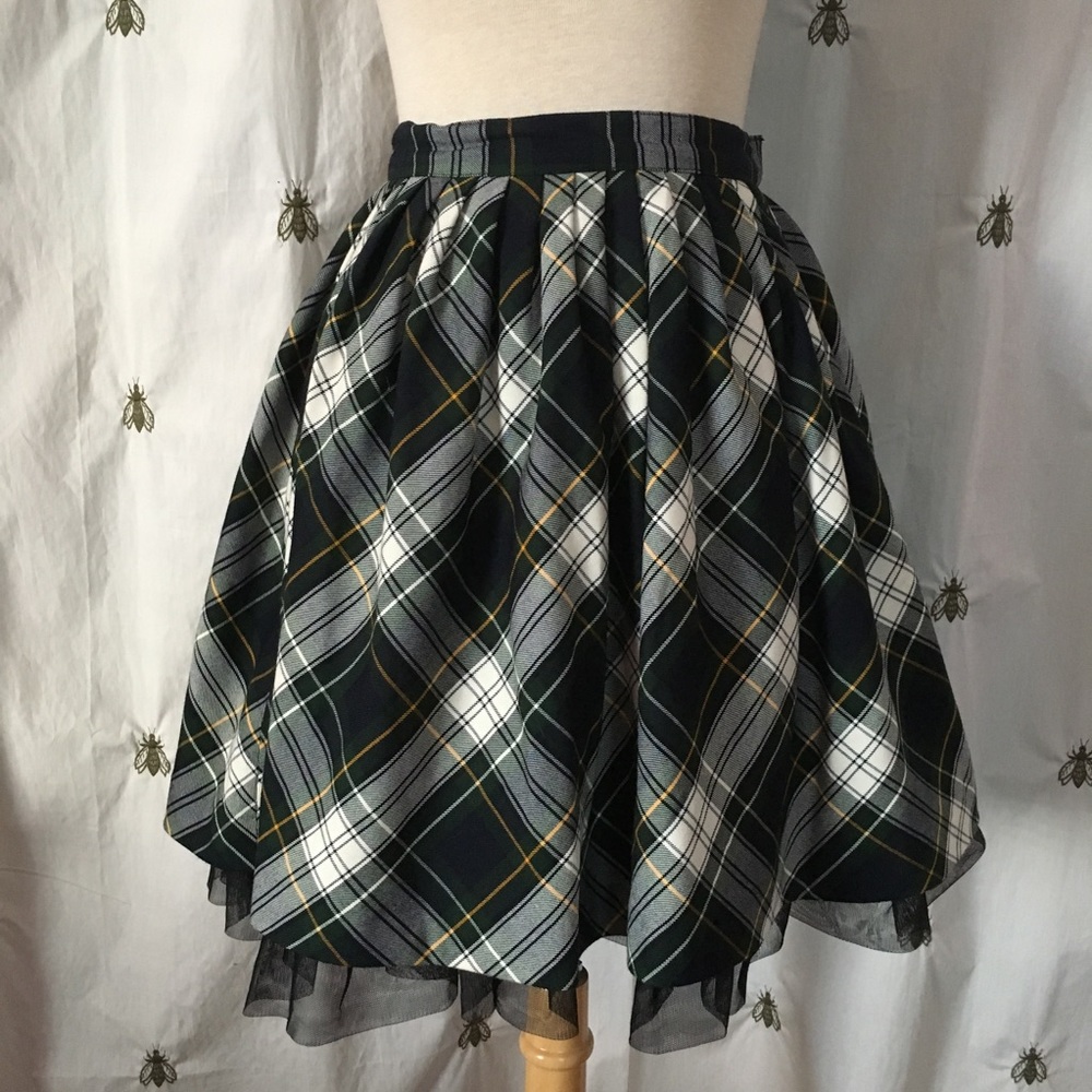 Vintage E Land Plaid Tartan Skirt Black Crinoline